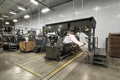 Marquip, 73" Sheet/Runner Dual Knife Sheeter, 1992, Tidland Slitting Section, Marquip Continuous Discharge, 72" Dual Unwinds and Splicer