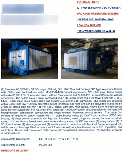 VEO, Voyager O-Type, 2008, Watertube Boiler, 85,000 PPH, 350 PSIG