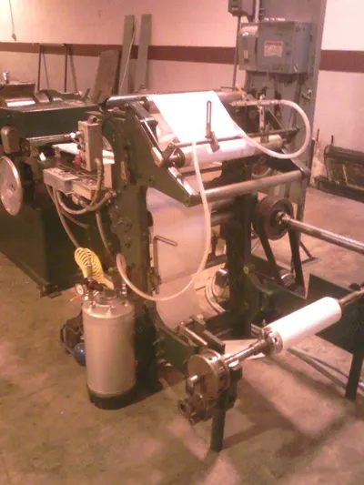 Beasley French, #1, Flat and Satchel Paper Bag Machine, 1.75 to 7.5 inch Bag Width, 4 to 11 inch Cut-off, 4 Color Flexographic Tail Printer
