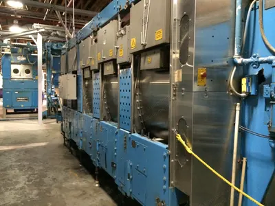 Milnor, CBW, 5-Module Complete Laundry System, with Loading Conveyor, 2x 58058T Gas Dryers, Shuttles, 1992 Lavatec Press