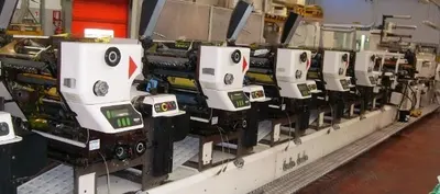Nilpeter, M3300, Flexographic Label Printing Press, 6 Offset Units, Rotary Die, Flat Bed Die