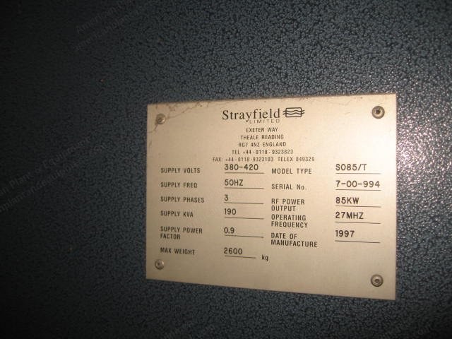 Strayfield, 85 kW, 1997, Radio Frequency Dryer, Water Cooled