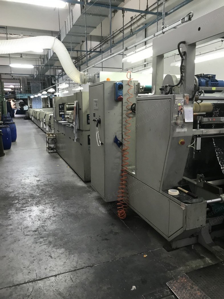 Reggiani, Avant, 1998, Combined Screen and Rotary Printing Line, 1800mm Working Width, 8 Screens, 2 Cylinders, Gas Heated Oven