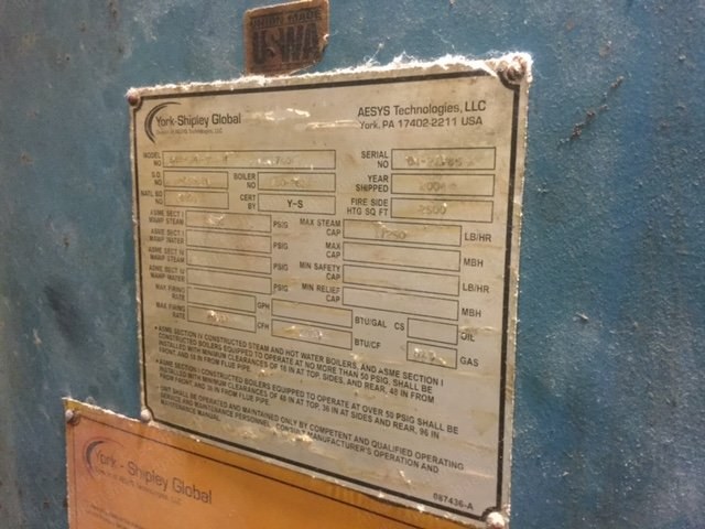 York Shipley, 2006, 525 HP, 17000 lbs/hr Steam Boiler, Natural Gas, 150 PSI