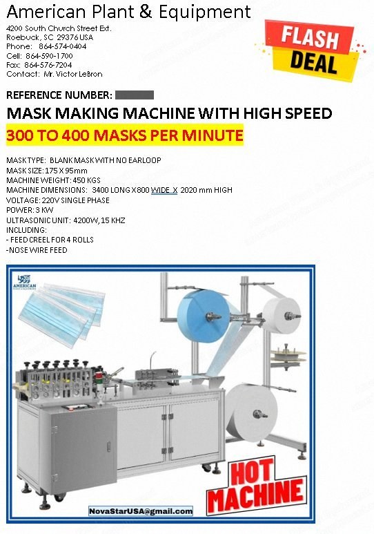 NovaStar, Mask Making Machine, High Speed, 300-400 pcs/min