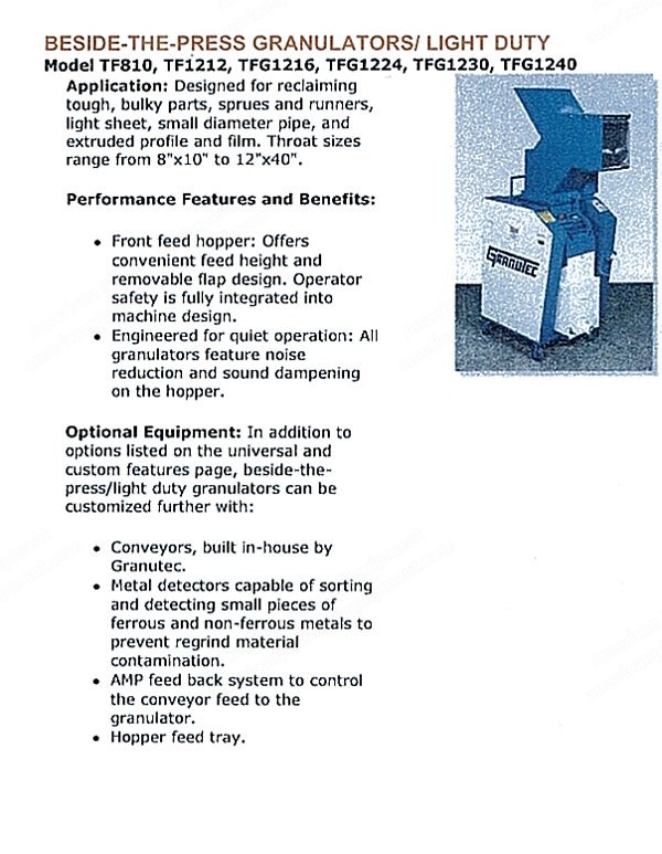 Granutec, TFG 1012, Plastic Granulator Grinder, 10 HP, 10x12 inch Throat, 3 Fly Knives, 2 Bed Knives