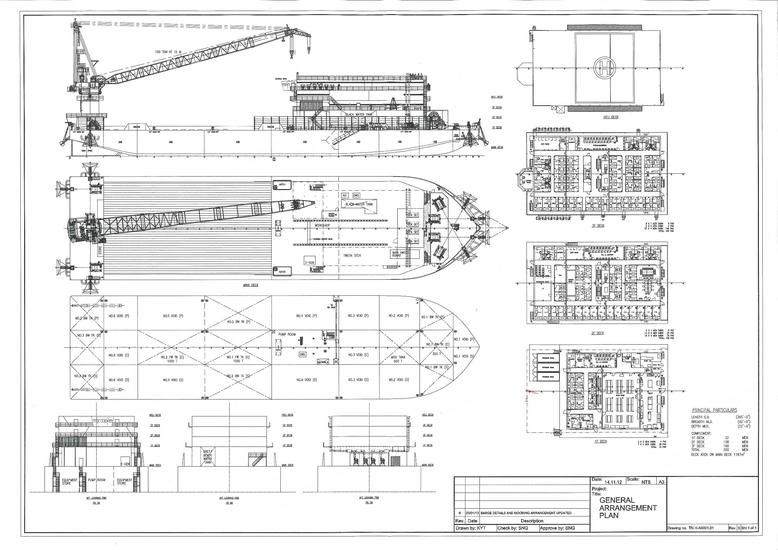 300 Men Accommodation Work Barge, 111.25m Length, 150t Crane, 1800 m2 Deck Area