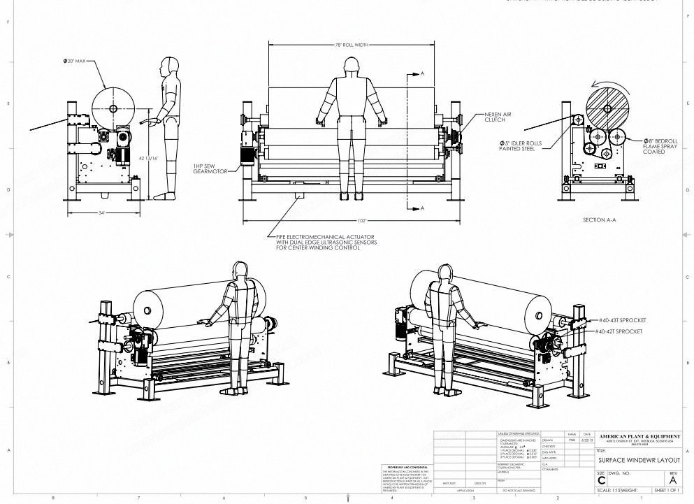 Surface Winder, 2000mm Width, Fife Edge Guiding System, 1hp