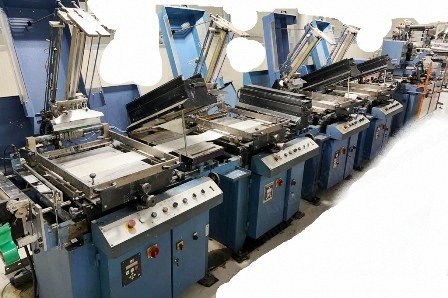 Berra, S2-250, 1998, 250mm Width, Roll-to-Roll or Roll-to-Sheet, 4 Flat Bed Screen Printing Units, 1 Hot Foil Unit, 1 Flat Bed Die Cutting Unit