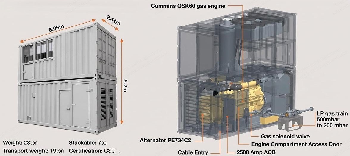 Cummins, QSK60G5, Containerized Natural Gas Generator Set, 1250 kVA, 50/60Hz, 440-460V