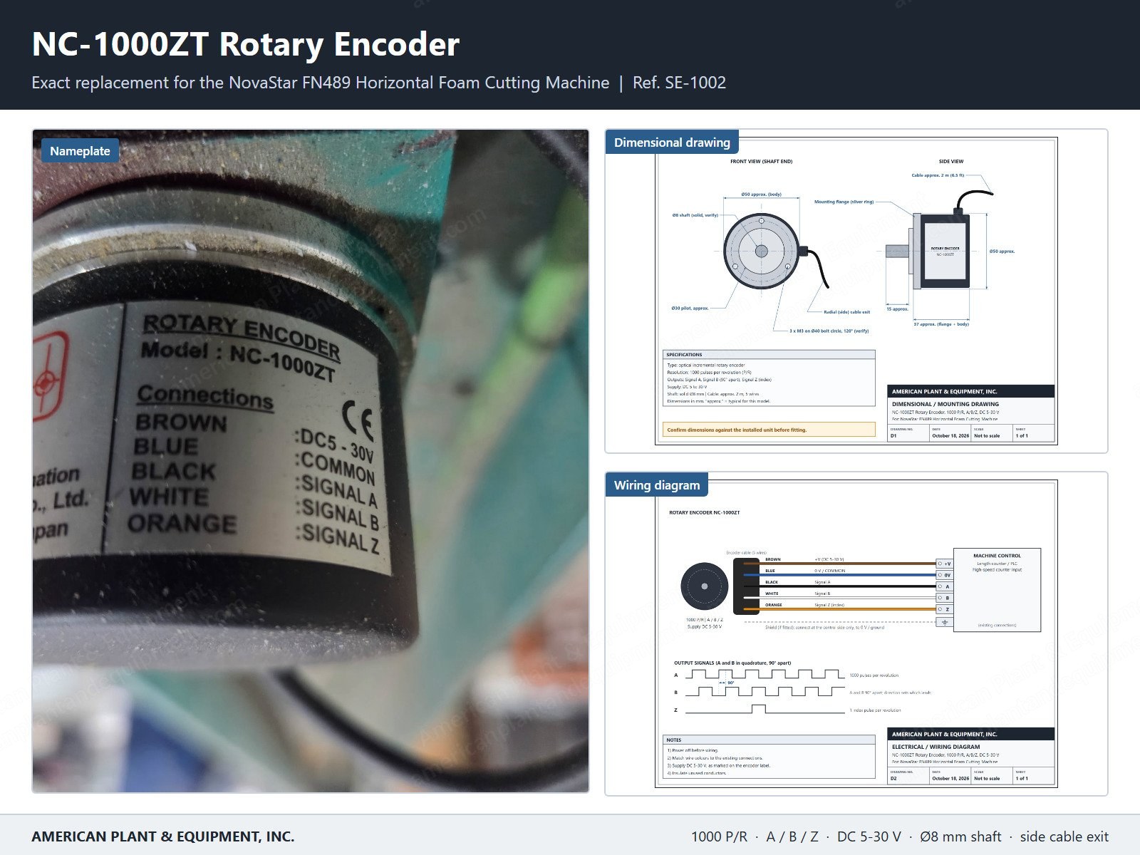 NA Tec, NC-1000ZT, Rotary Encoder, 1000 Pulses per Revolution, A/B/Z Outputs, 5-30 V DC, 8 mm Shaft