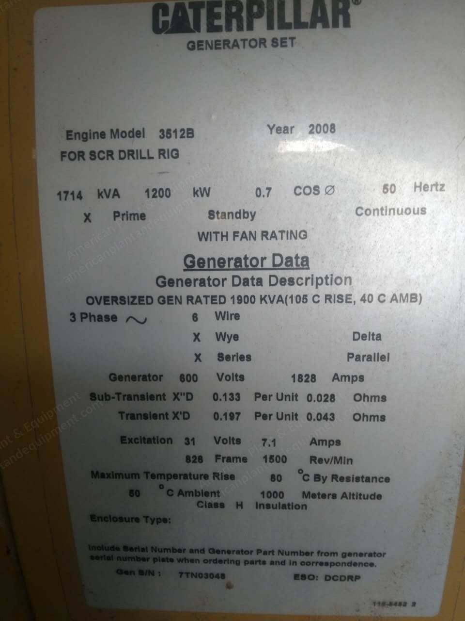 Caterpillar, 3512B, 2008, 1200kW, 50Hz, 600V