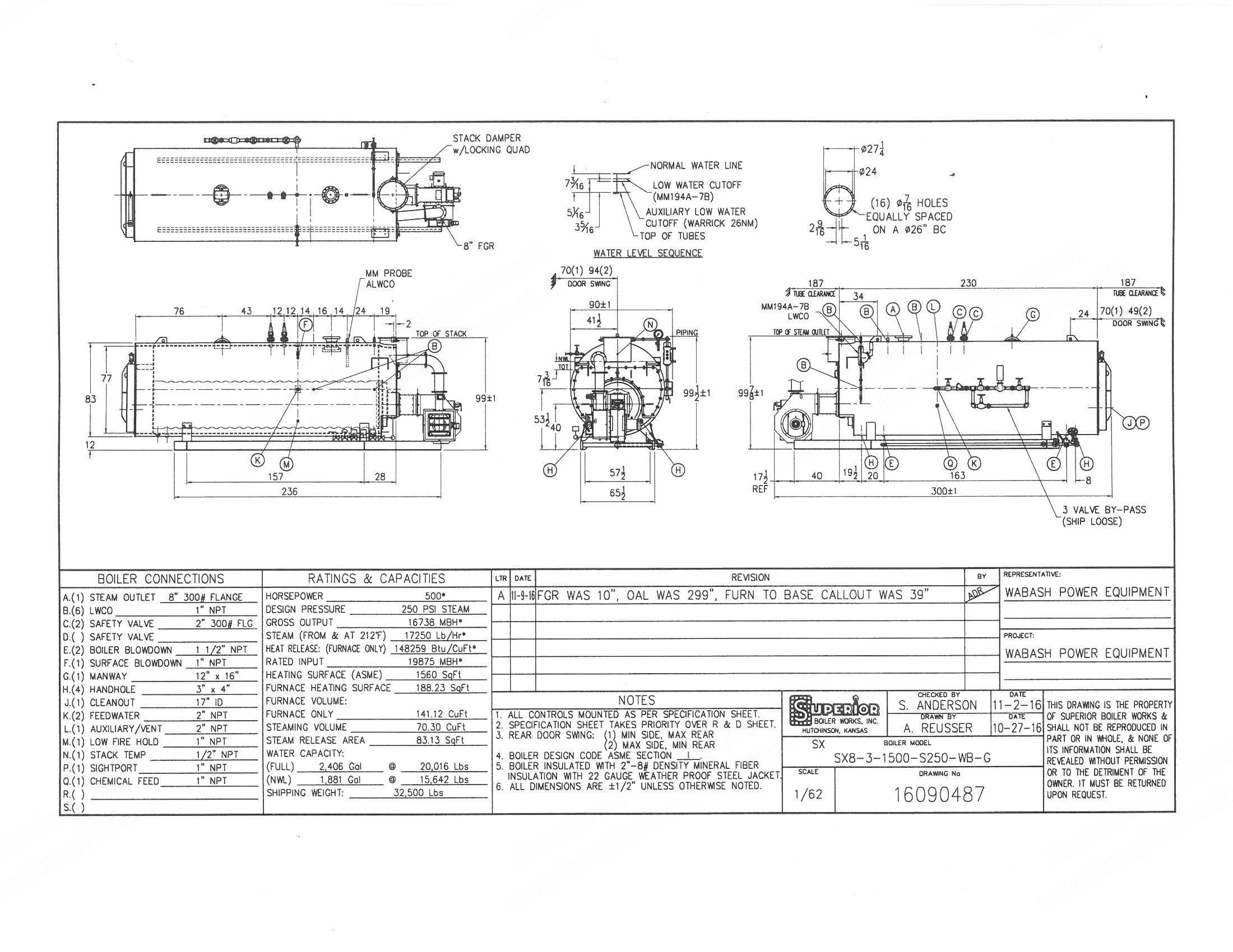 Superior, SX8-3-1500-S250-WB-G, 2016, 500 HP, 250 PSIG, Natural Gas Fired, 2 Pass