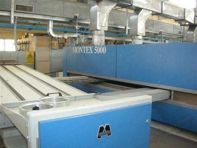 Monforts, 2002, 2200mm Working Width, 5 Chambers, Gas Heated, Vertical Pin, with Mahlo Weft Straightener and Testa Rolling Machine