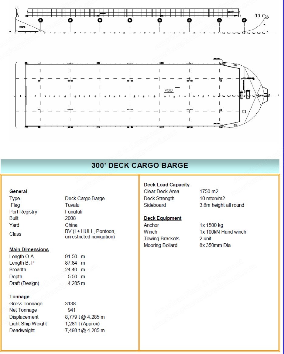 Flat Deck Barge, 300-foot, 2008, 7498 t DWT, 10 t/m2 Deck Strength